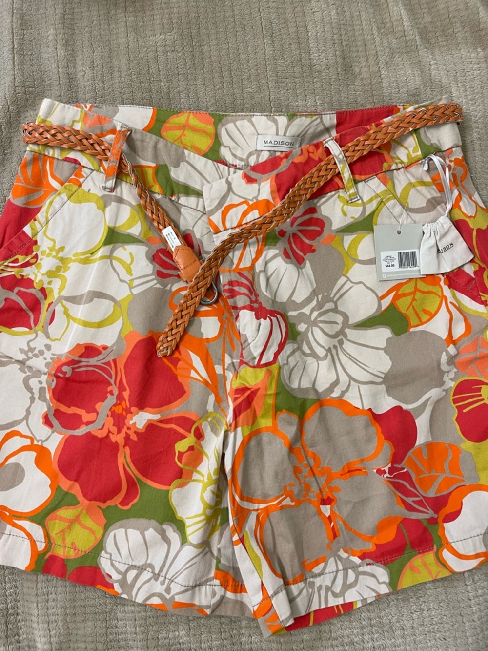 Madison Floral Cotton Shorts with Braided Belt - Orange, Green & Cream